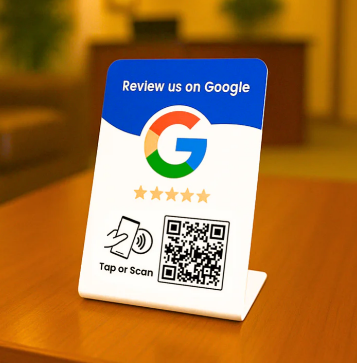 Acrylic NFC Google review table display stand on a wooden table in a hotel lobby