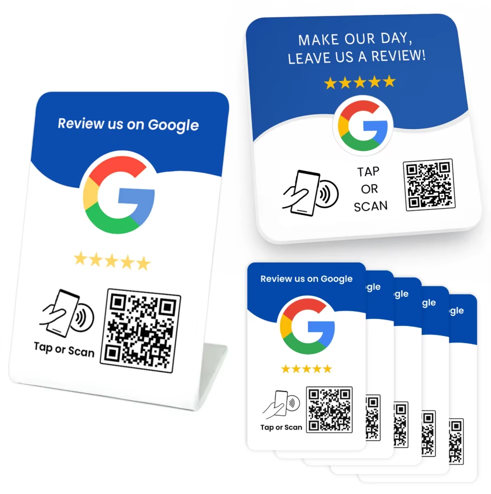 NFC Google review card, stand and plaque set with QR code and tap-or-scan icon